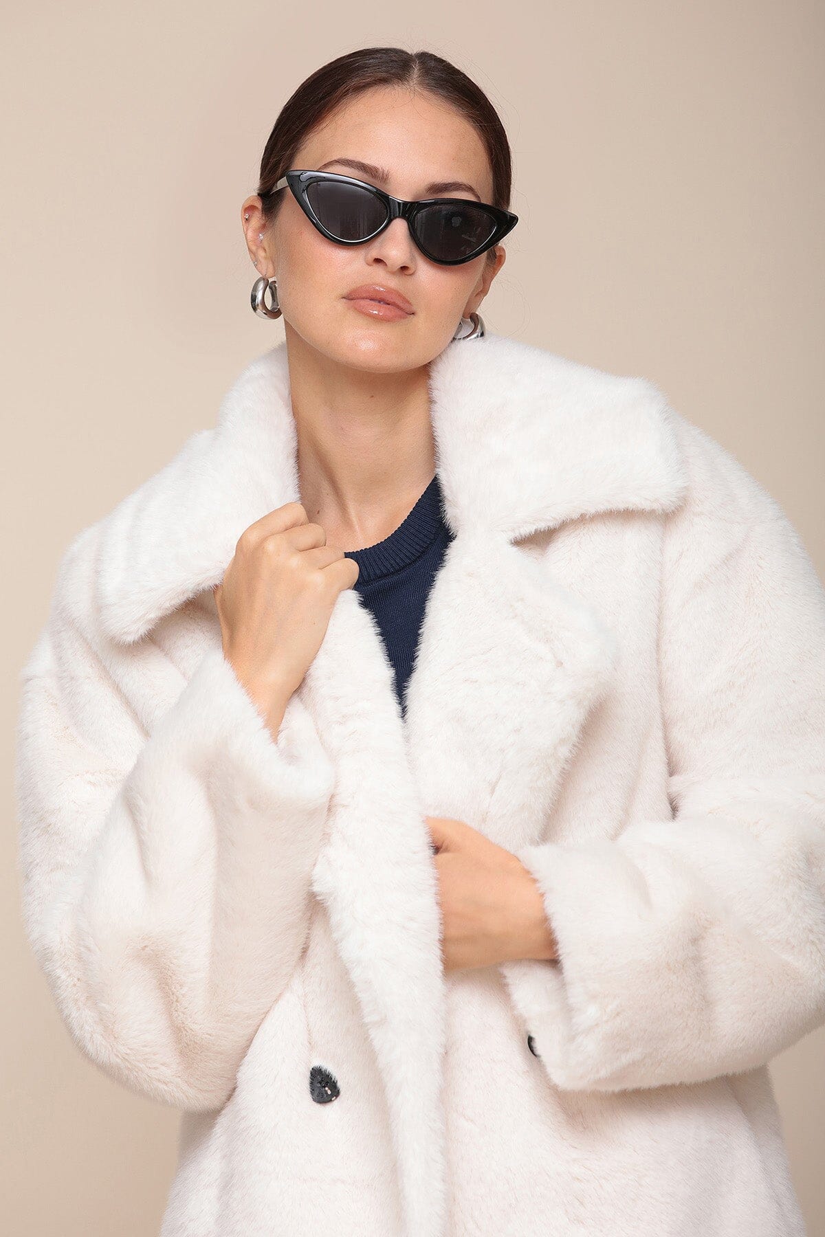 Premium Faux Fur Relaxed Double-Breasted Long White Coat - Shop women's designer long faux fur coats by Avec Les Filles