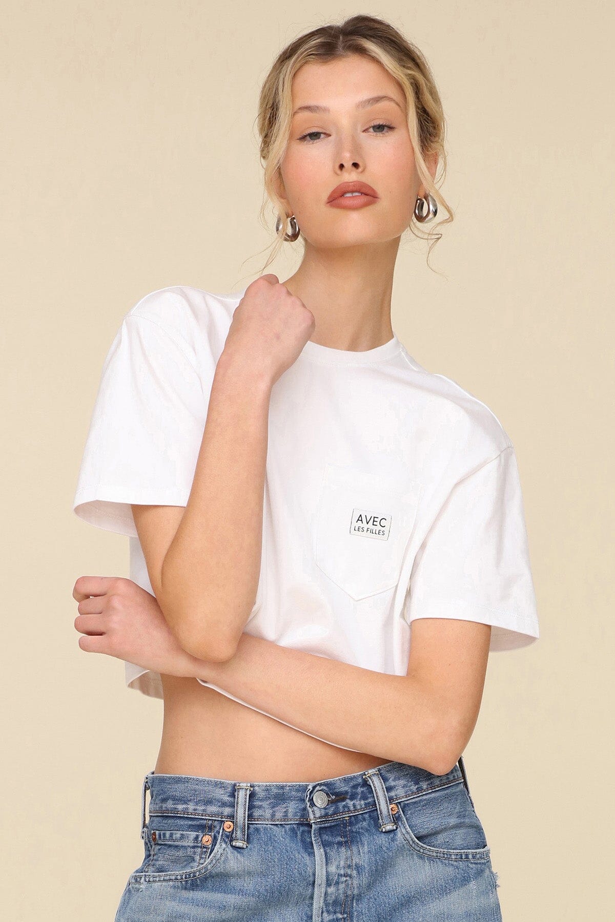 White Logo Cropped Cotton Crew Neck T-Shirt - Cute women's shirts & tops by Avec Les Filles