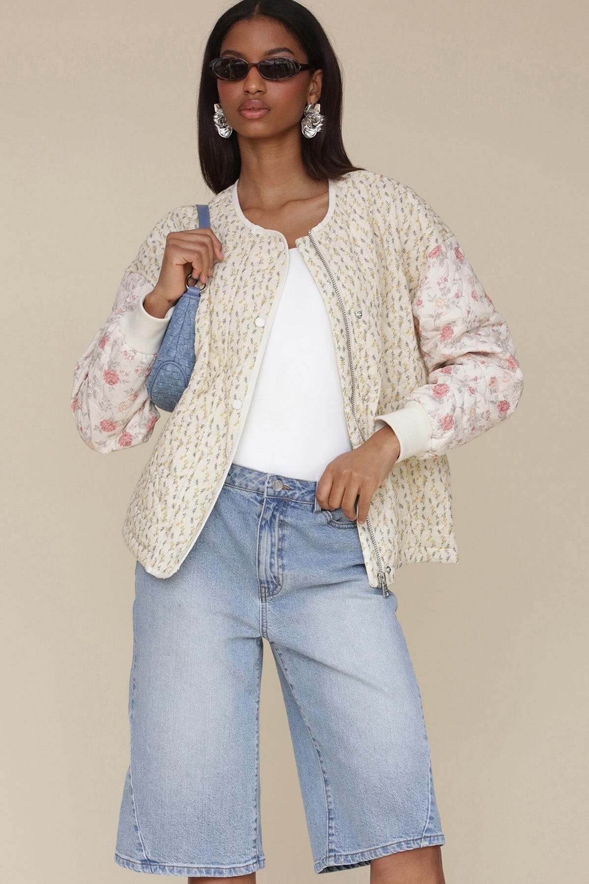 Multicolor mixed floral collarless quilted cotton bomber jacket with center zipper closure, snap placket and drop-shoulders - Cute womens coats & jackets by Avec Les Filles