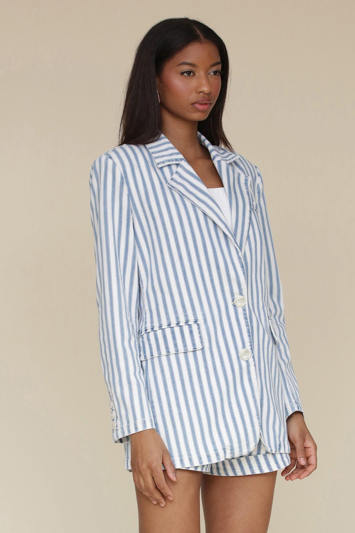 Blue white striped cotton blend tailored blazer with structured shoulder, front button closure and long sleeves with four-button cuffs - Cute women's blazers by Avec Les Filles